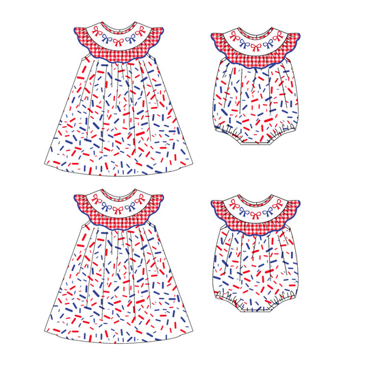 4.22 custom each style moq 5eta 4-6week Sibling Sisters bow baby girl short sleeve dress and rompers match family design