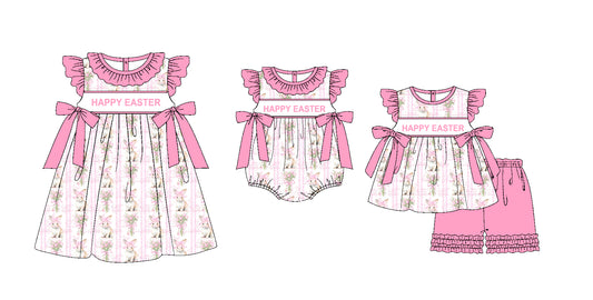 11.20 custom each style moq 5eta 4-6week Sibling Sister HAPPY EASTER rabbit baby girl short sleeve shorts sets and dress and rompers match family design