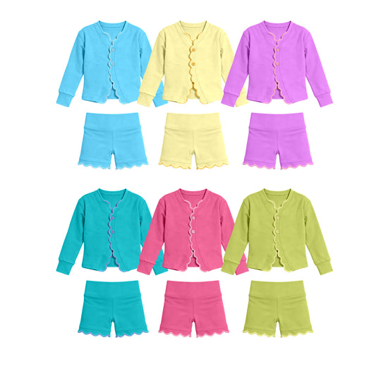 Custom moq 5 mix size Sibling Solid Color Long-Sleeved Yoga Set for Baby Girls Top And Shorts Outfit