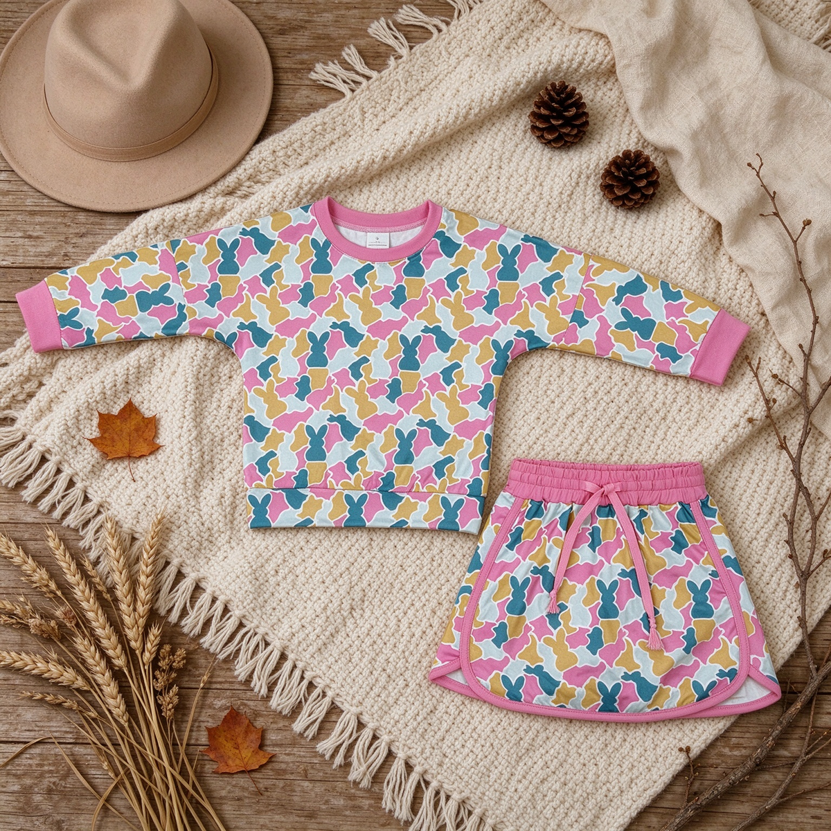NEW RTS NO MOQ milk silk GLD1825 Baby Girls Cute Easter Bunny Camo Long Sleeve Top Skort Outfit Clothes Set