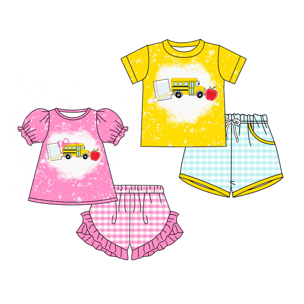 4.9  Custom moq 5 mix size Sibling Baby Boy And Girl Back To School Short-Sleeved Top Checked Short Clothes Set