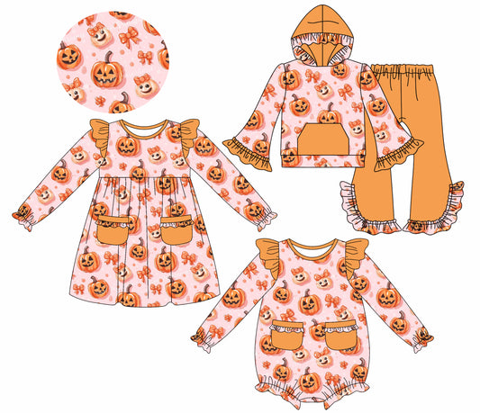 25.7.22 custom each style moq 5eta 4-6week Sibling Sisters pumpkin bow baby girl long sleeve pants sets and dress and rompers match family design