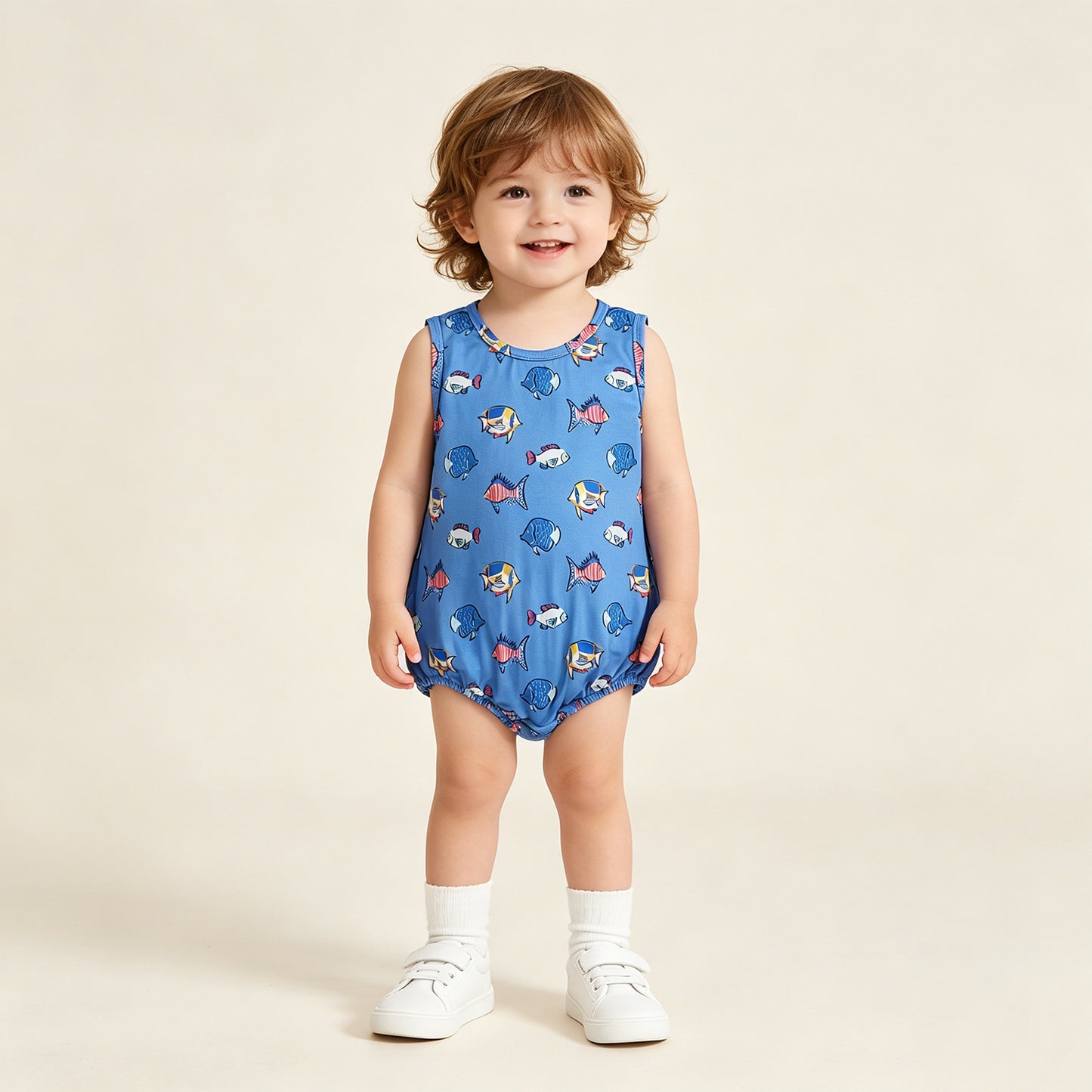 RTS NO MOQ milk silk SR4151  Baby Boys Cute Sleeveless Red Blue Fishes 4th of July Romper