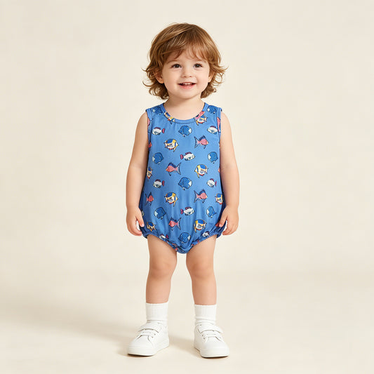 RTS NO MOQ milk silk SR4151  Baby Boys Cute Sleeveless Red Blue Fishes 4th of July Romper
