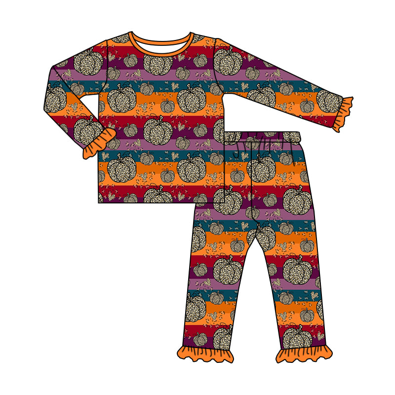 5.21custom each style moq 5eta 4-5week Sibling Sister Halloween pumpkin print orange girls outfits and baby romper and dress match family design