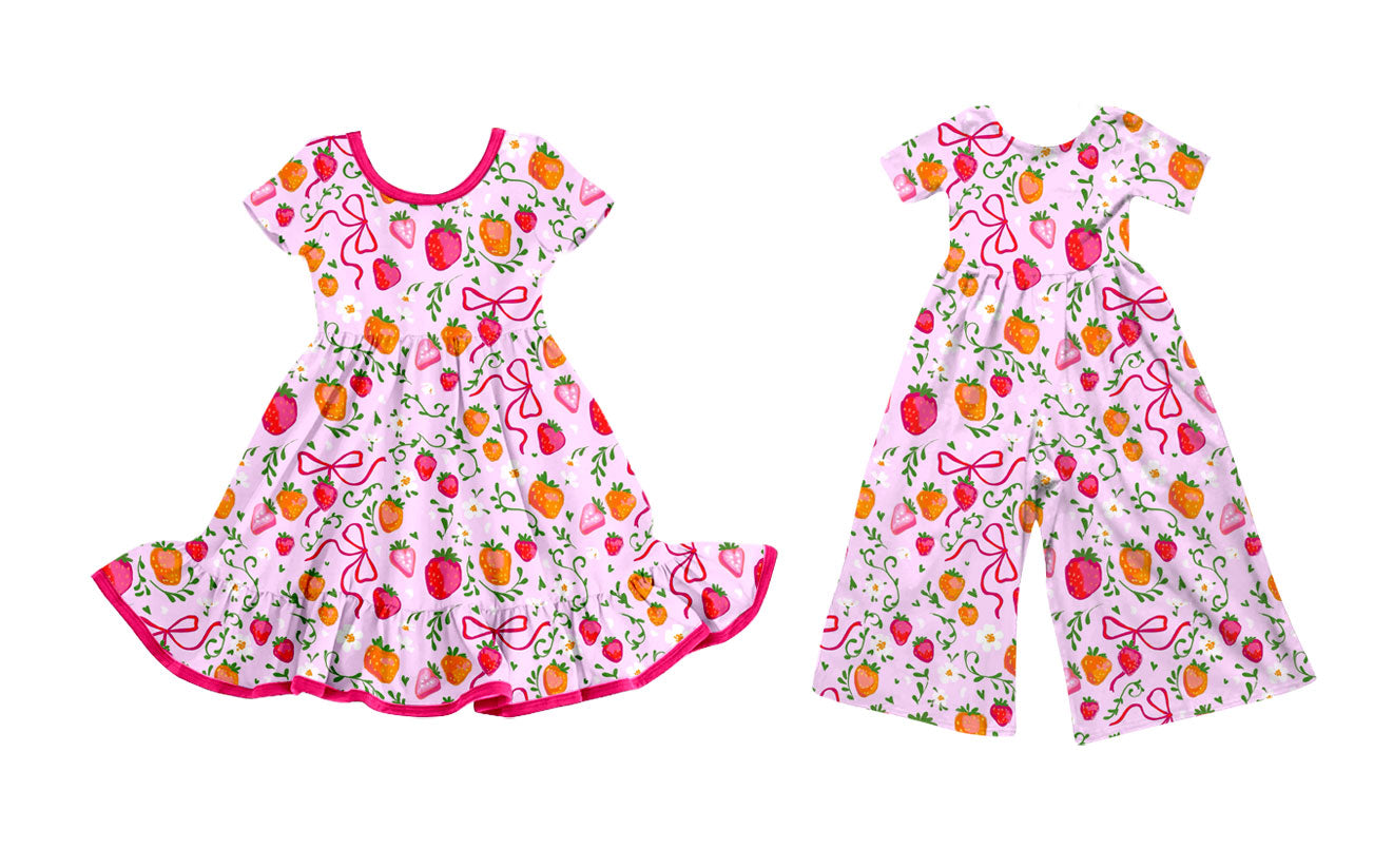 25.10.4 custom each style moq 8 eta 6-8week Sibling Sisters strawberry bow baby girl long sleeve dress and jumpsuit match family design
