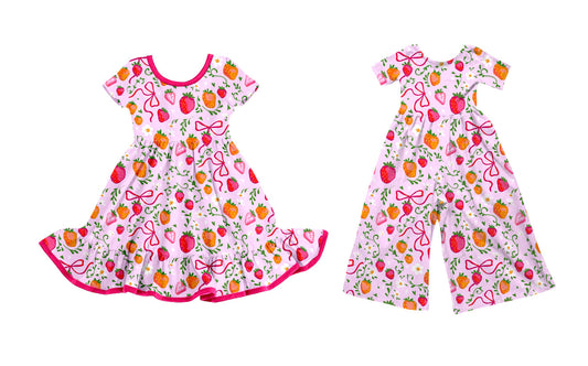 25.10.4 custom each style moq 8 eta 6-8week Sibling Sisters strawberry bow baby girl long sleeve dress and jumpsuit match family design