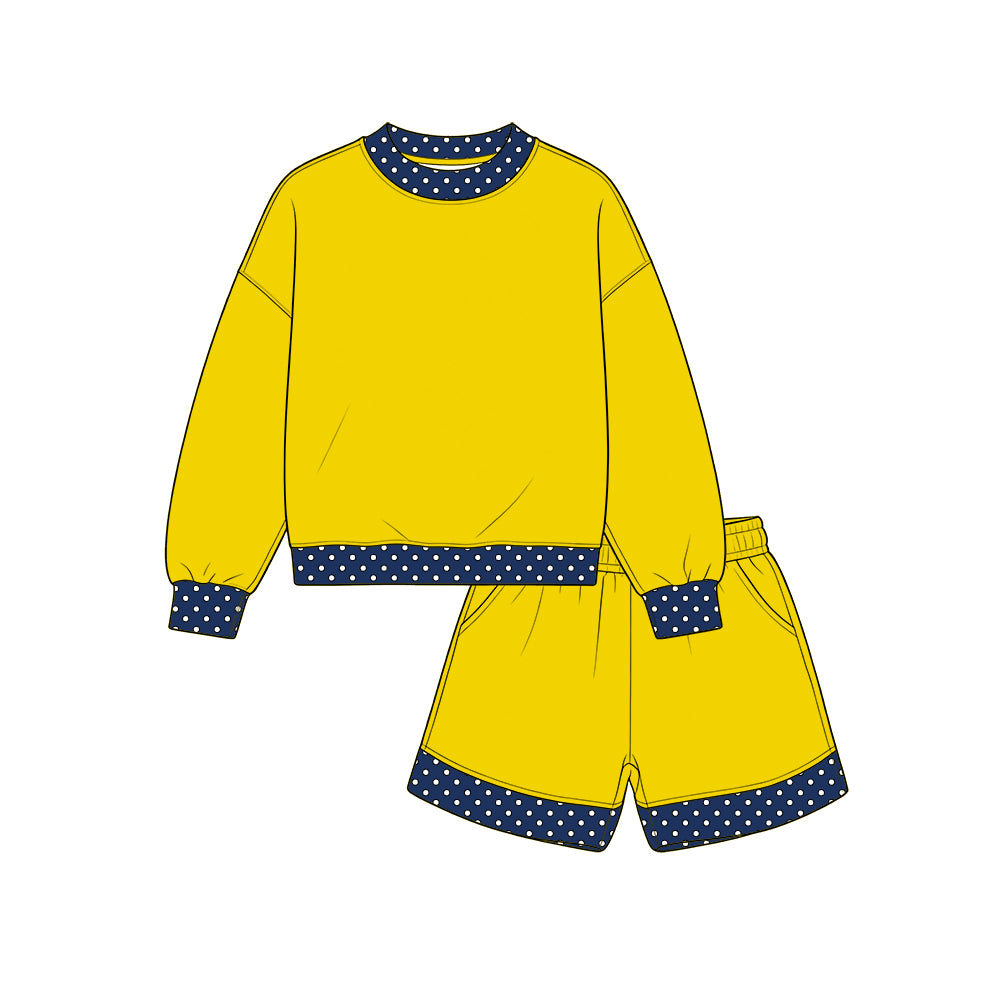 Custom moq 5 cotton fabric girls sets Yellow and blue long-sleeve top and shorts set blank offer custom logo sets