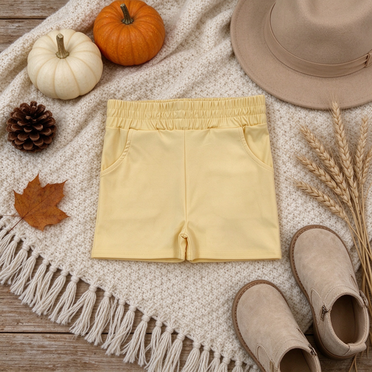 NEW RTS NO MOQ yoga fabric cotton SS0959 Yoga Baby Girls Solid Yellow Pocket Short Yoga Athletic Casual Bottoms