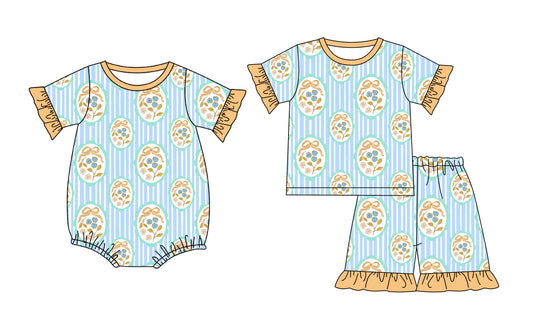 Custom moq 5 mix size Sibling orange Short-Sleeved Baby Girl Pajama Set with Top And Shorts Romper for Little Ones