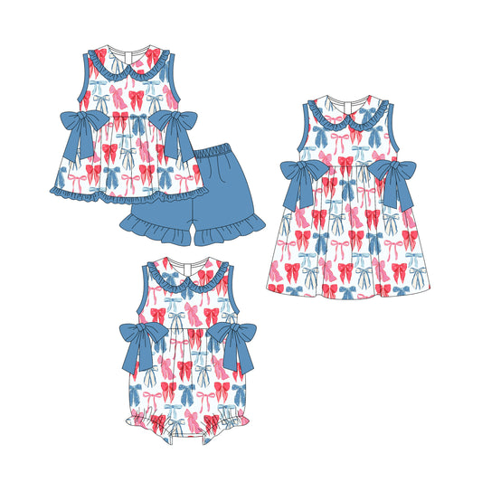 25.11.3 custom each style moq 5 eta 6-8week Sibling Sister bow baby short sleeve shorts sets and romper and dress match design