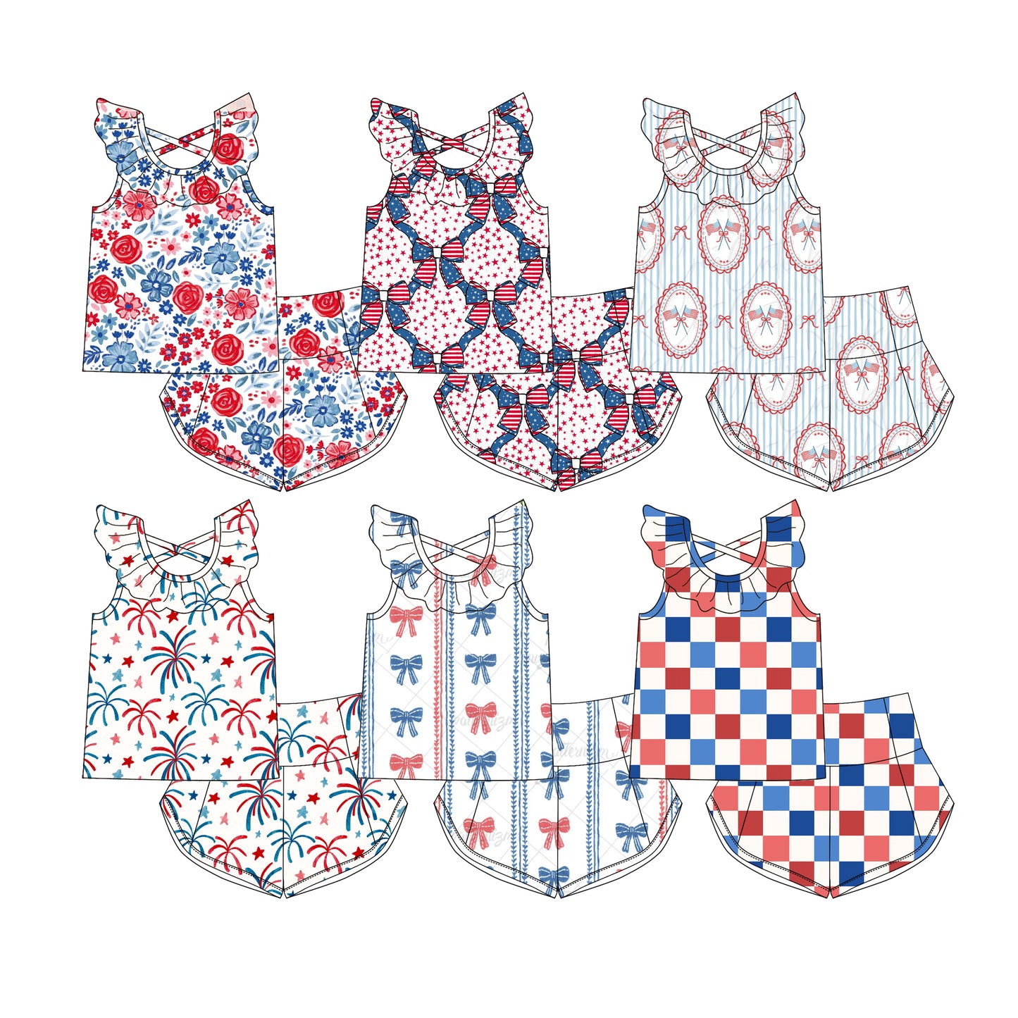 3.20 Custom moq 5 mix size Sibling Baby Girl's 4th of July Flutter Sleeve Top And Shorts Set Cute Casual Outfit