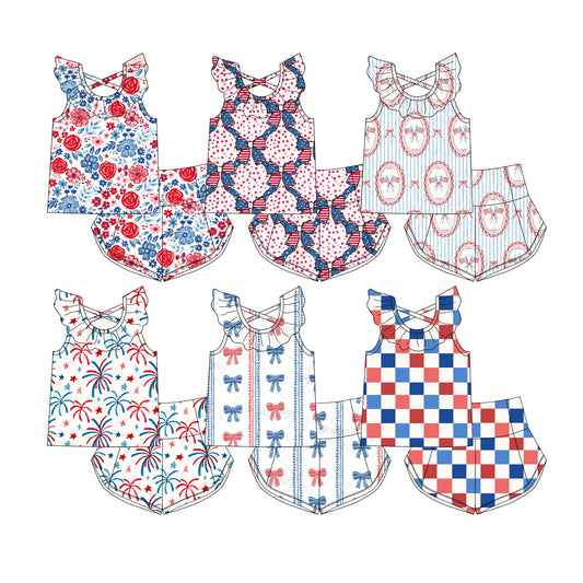 3.20 Custom moq 5 mix size Sibling Baby Girl's 4th of July Flutter Sleeve Top And Shorts Set Cute Casual Outfit