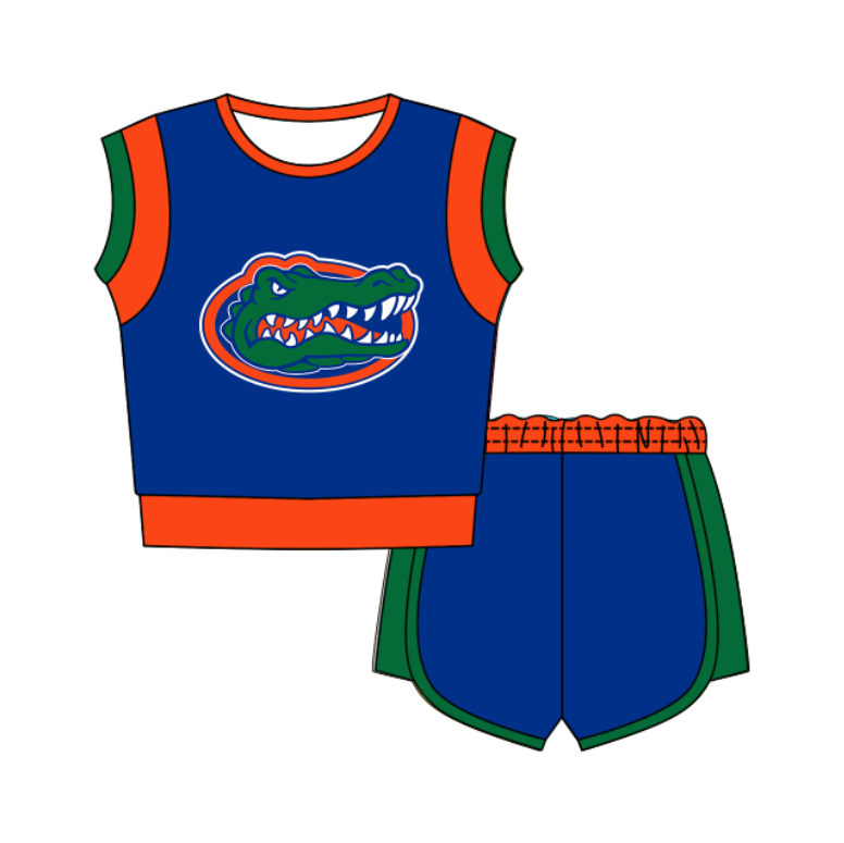 Custom moq 5 mix size milk silk summer teams Blue Sleeveless O-Neck Top And Shorts Set Cute And Comfortable Kids' Outfit