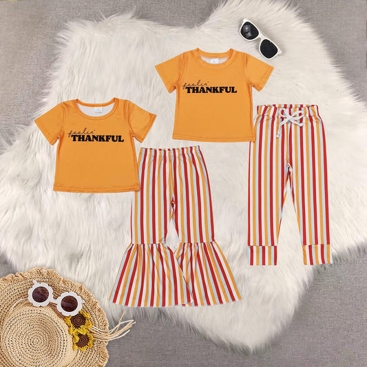RTS NO MOQ Sibling Baby Girls thankful short Sleeve Pants Set