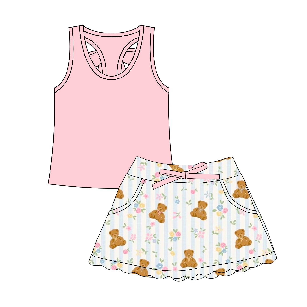 Custom moq 5 mix size Baby Girls Pink Sleeveless Top And Skirt Yoga Outfit  Two-Piece Set for Kids