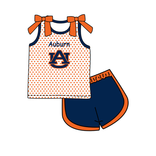 Custom moq 5 mix size milk silk summer teams Baby Girls Summer Orange Bow Sleeveless Polka Dot Top Shorts Casual Set