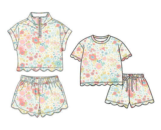 3.16 Custom moq 5 mix size Sibling Baby Girls Scallop Flowers Top And Shorts Outfit Set Cute Baby Girl Clothing Set