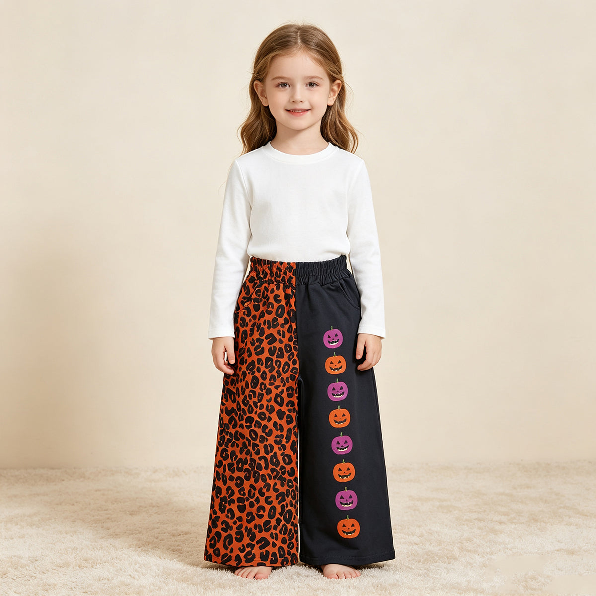 NEW RTS NO MOQ milk silk P1136 Baby Girls Ghosts Pumpkins Leopard Halloween Pockets Straight Pants
