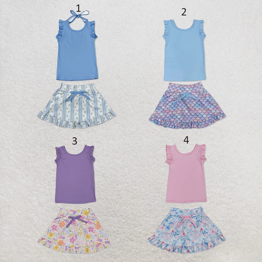 RTS NO MOQ Sibling yoga fabric Baby Girls Cute Sleeveless Vest Colorful Floral Print Pocket Skirt Two Piece Yoga Active Set