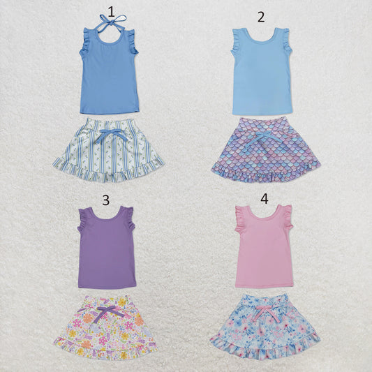 RTS NO MOQ Sibling yoga fabric Baby Girls Cute Sleeveless Vest Colorful Floral Print Pocket Skirt Two Piece Yoga Active Set