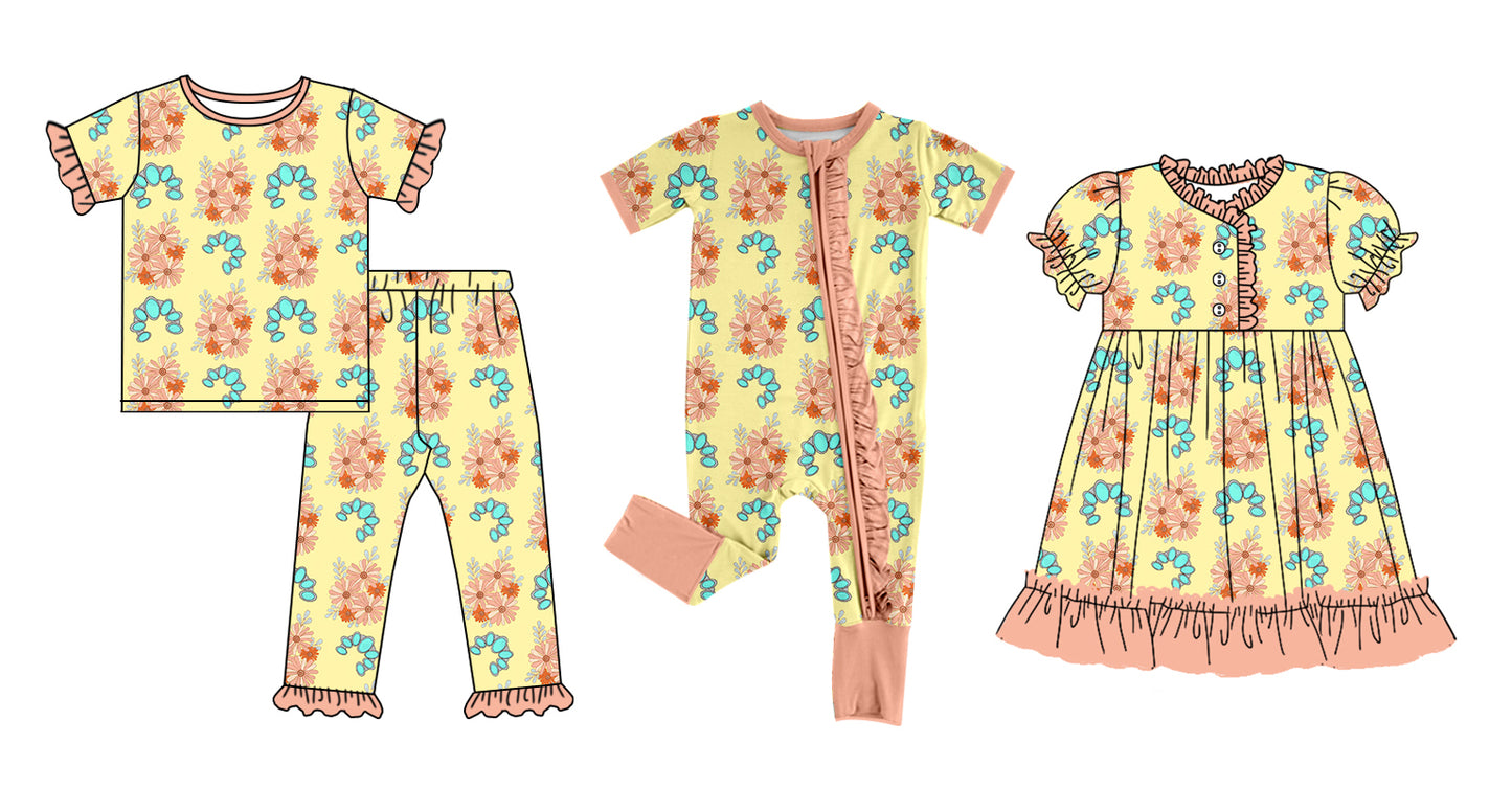 12.13 custom each style moq 5eta 4-6week Sibling Sister floral baby girl sets and dress and rompers match family design