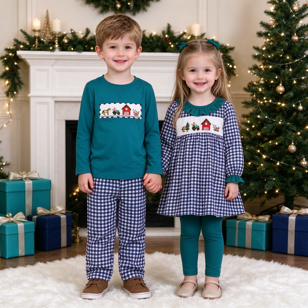 Baby Kids Farm Embroidery Collection - Checked Ruffle Set & Teal Checked Pants Set