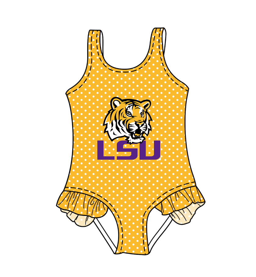 Custom moq 5 mix size milk silk summer teams Yellow Baby Girl Sleeveless Polka Dot Lace Onesie Swimsuit Cute Summer Beachwear for Little Girls