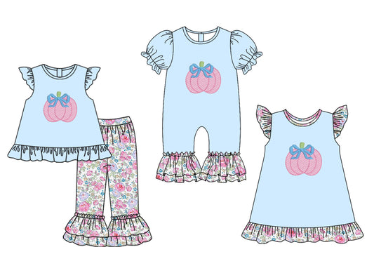 25.5.19 custom each style moq 5eta 4-6week Sibling Sisters pumpkin bow baby girl short sleeve pants sets and dress and rompers match family design