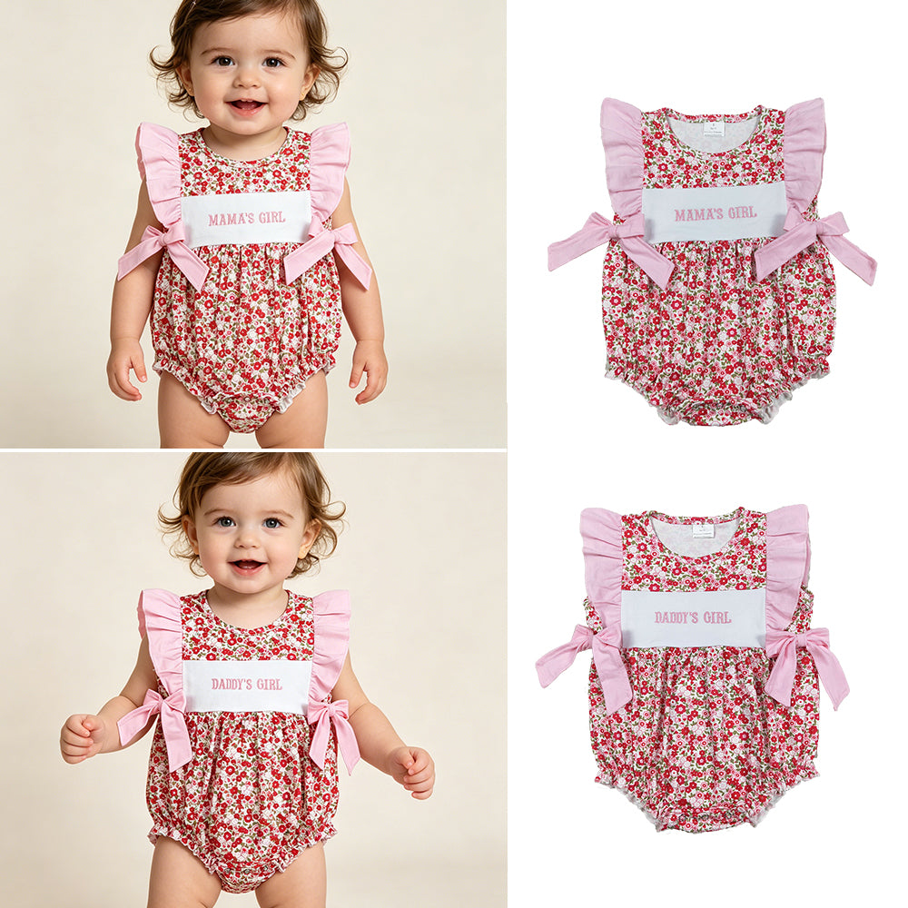 RTS NO MOQ Sibling Baby Girls  Embroidered Mama's Girls & Daddy's Girls  Flutter Sleeves Flowers Bows Ruffle Rompers