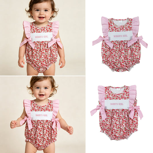 RTS NO MOQ Sibling Baby Girls  Embroidered Mama's Girls & Daddy's Girls  Flutter Sleeves Flowers Bows Ruffle Rompers