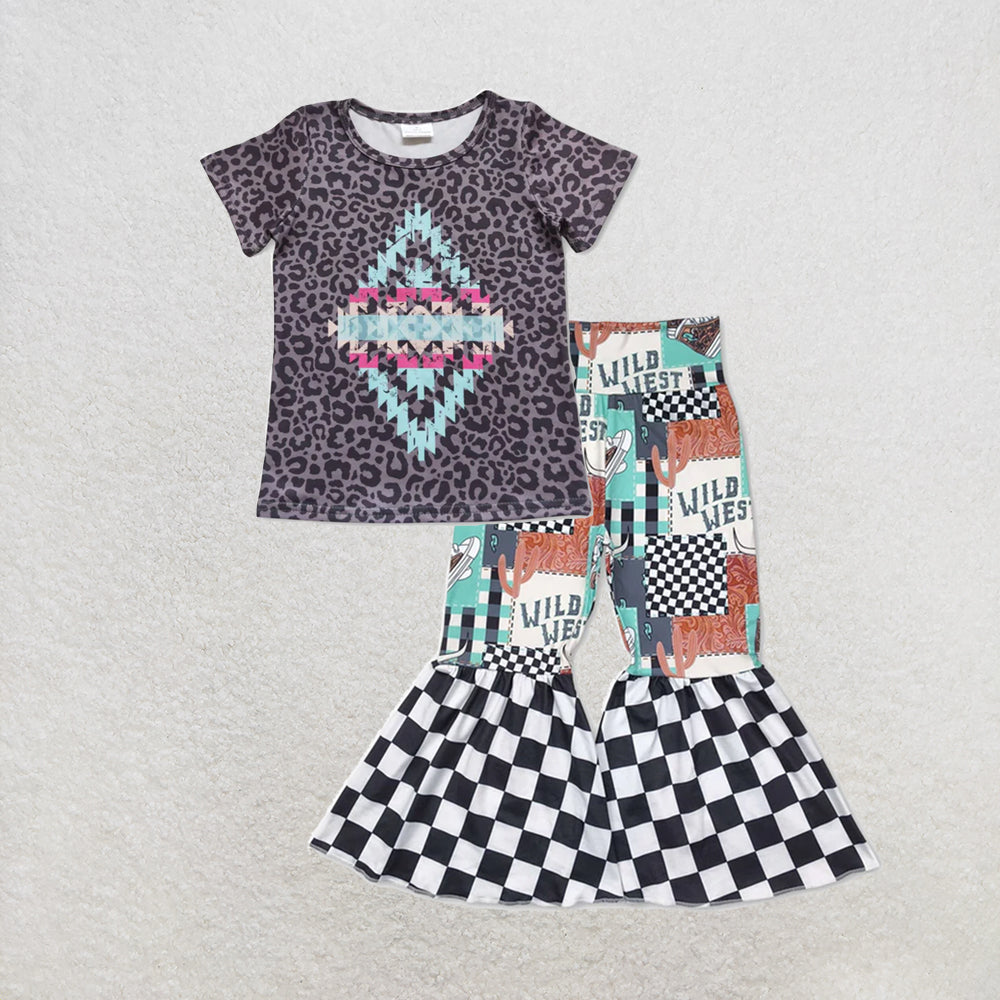 RTS NO MOQ milk silk GT0239+P0751 Baby Girls Leopard Aztec Short Sleeve Shirts Bell Pants Set