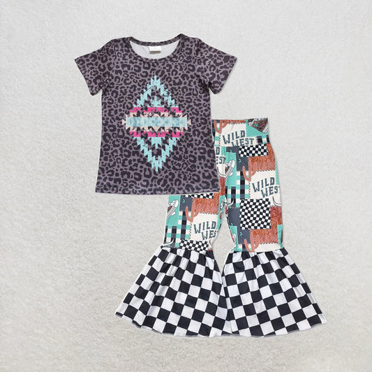 RTS NO MOQ milk silk GT0239+P0751 Baby Girls Leopard Aztec Short Sleeve Shirts Bell Pants Set