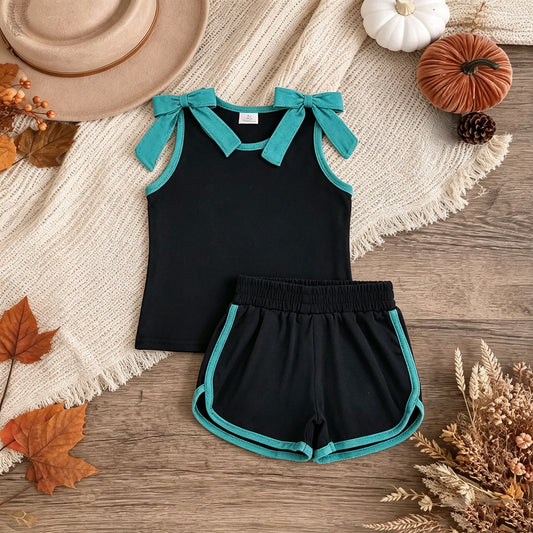 NEW RTS NO MOQ cotton GSSO3856 Baby Girls Cute Black Lake Blue Bows Sleeveless Vest Short Sets