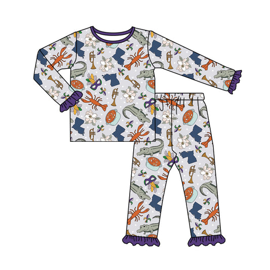 7.22 custom each style moq 5eta 4-6week Sibling Sister mari gras crayfish blue baby girls sets and dress and rompers match family design