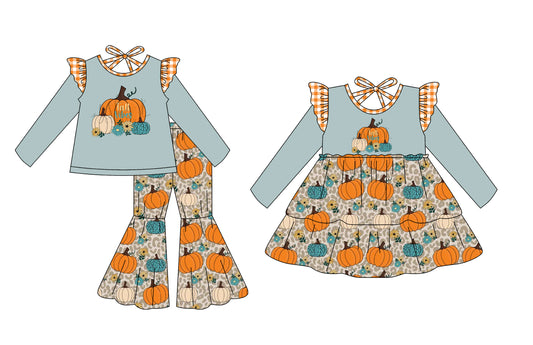 25.7.7 custom each style moq 5eta 4-6week Sibling Sisters pumpkin baby girl long sleeve pants sets and dress match family design