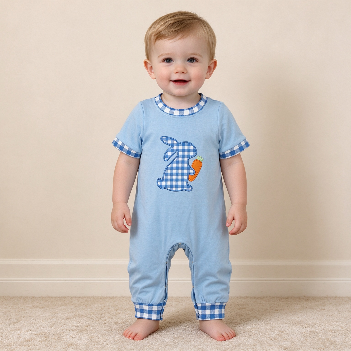 NEW RTS NO MOQ milk silk SR4297 Embroidery Baby Boys Blue Checked Rabbit Carrots Easter Short Sleeve Pant Rompers