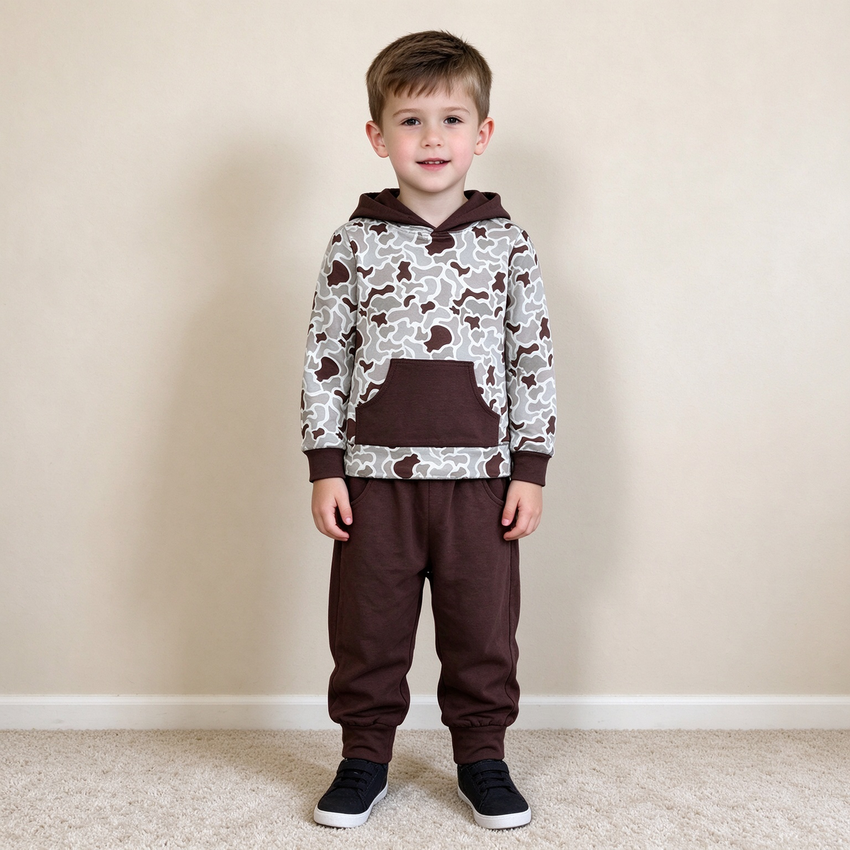 NEW RTS NO MOQ milk silk BLP1598 Baby Boys Khaki Camo Hooded Top Pockets Jogger Matching Clothes Set