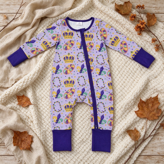 NEW RTS NO MOQ milk silk LR3341 Baby Holiday Purple Long Sleeve Two Way Zip Convertible Rompers