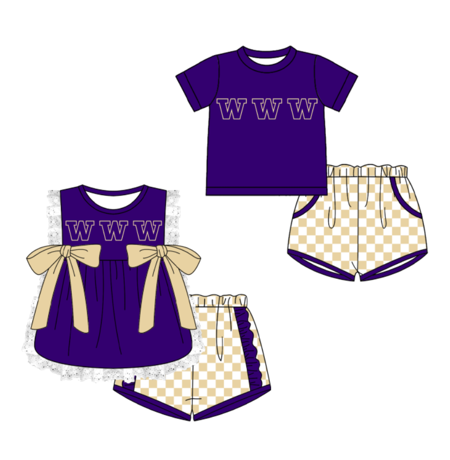 Custom moq 5 mix size milk silk summer teams Purple Girl Sleeveless Top And Plaid Shorts Set with Bow Boy Short Sleeved Top And Plaid Shorts Set