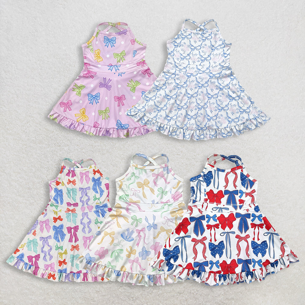 RTS NO MOQ Sibling Baby Girls Strap Colorful Bows Yoga Ruffle Knee-Length Dresses
