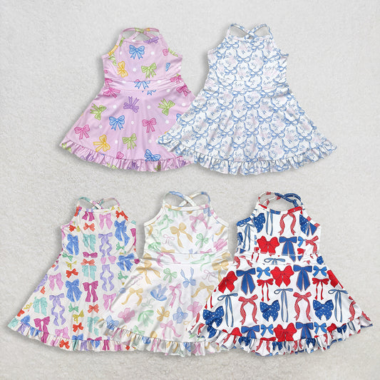 RTS NO MOQ Sibling Baby Girls Strap Colorful Bows Yoga Ruffle Knee-Length Dresses