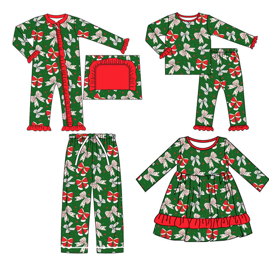 25.6.19 custom each style moq 5eta 4-6week Sibling Sisters Christmas bow green baby girl long sleeve pants sets and romper and dress and adult pants match family design