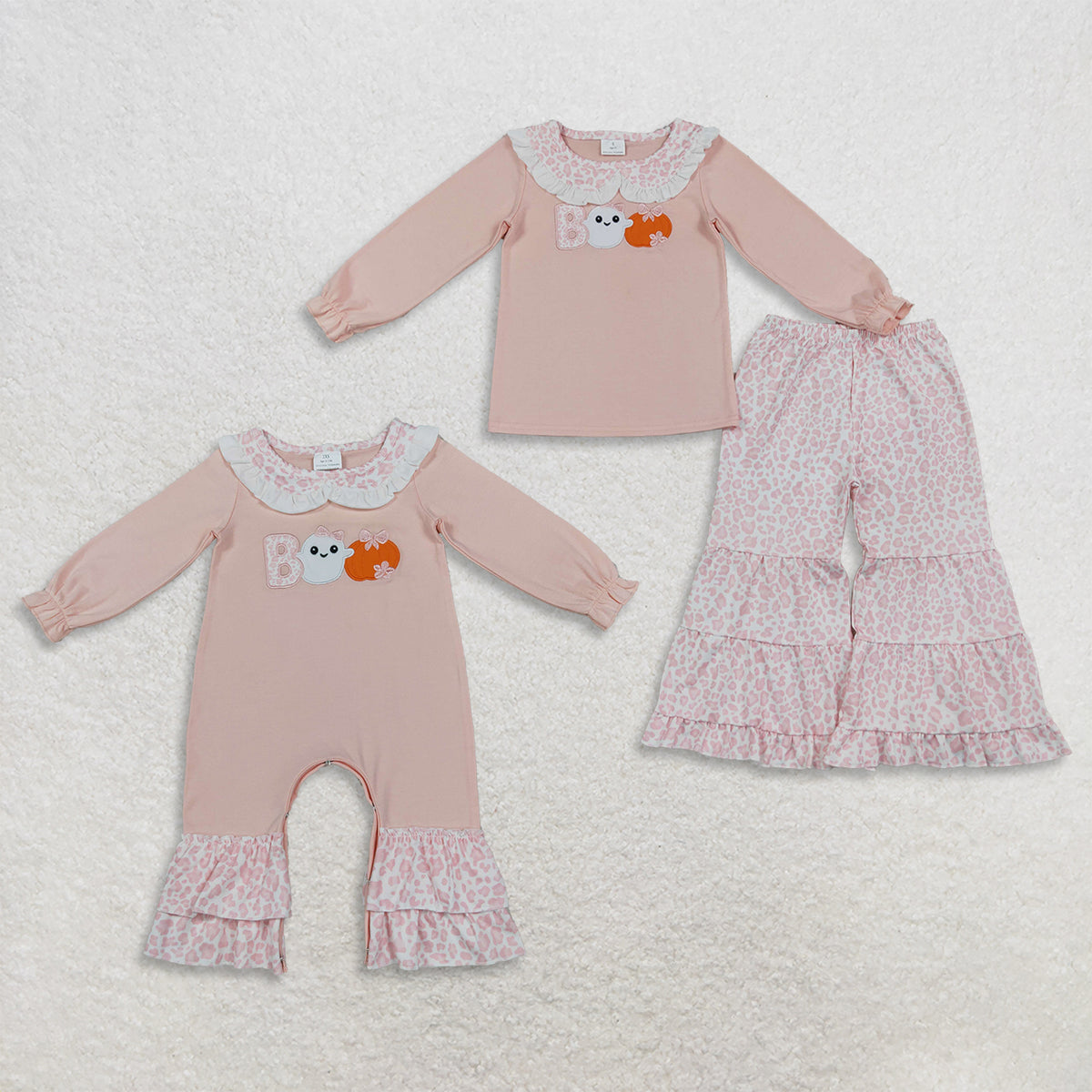 RTS NO MOQ Sibling milk silk Embroidery Baby Girls Pumpkin Long Sleeve Top And Pink Leopard Tiered Ruffle Pants Set Romper Halloween Clothing