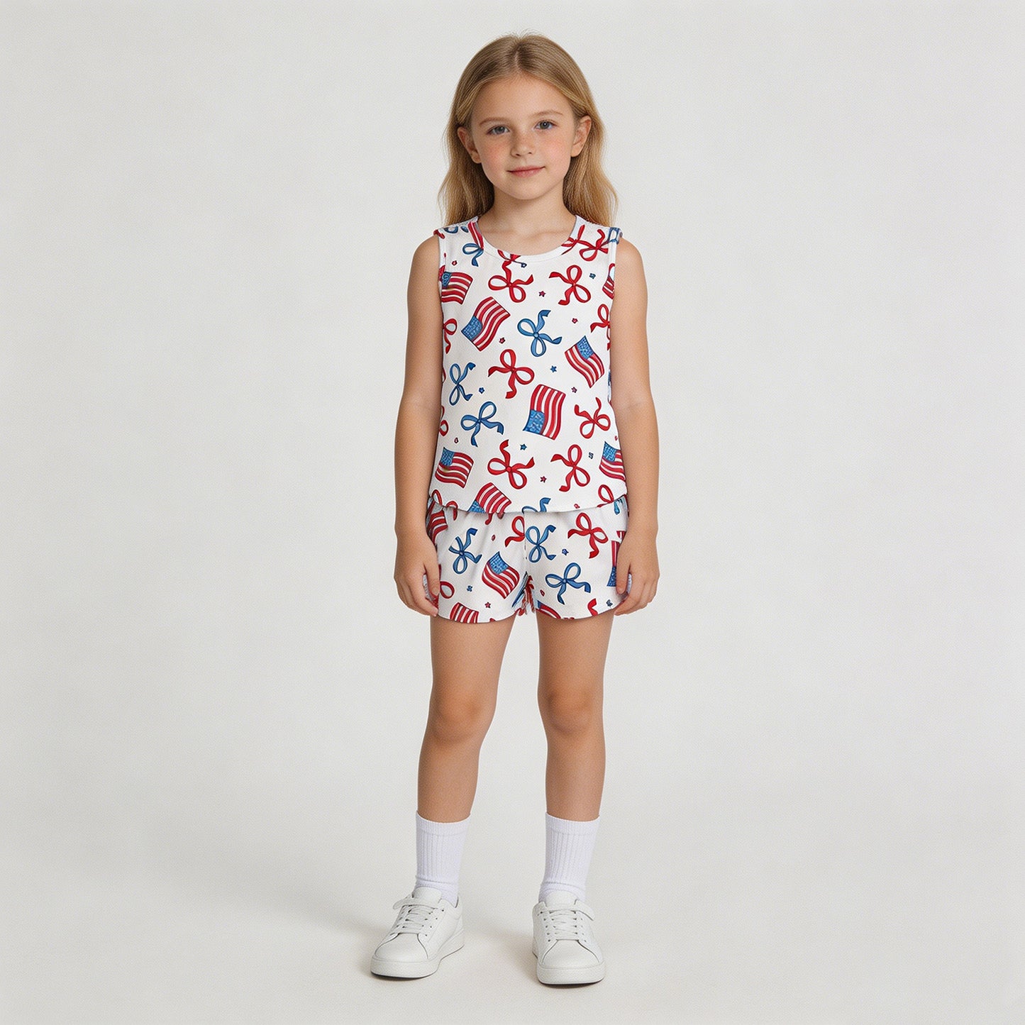 RTS NO MOQ milk silk GSSO3520 Baby Girls Red Blue Flag Star Bow 4th of July Two Piece Set