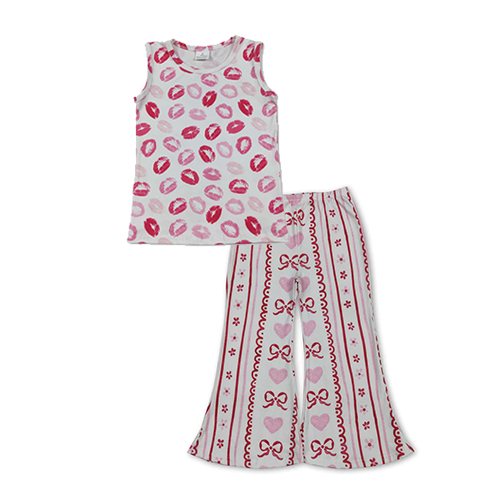 RTS NO MOQ milk silkGT1419+P0894 Baby Girls Sleeveless Pink Mouths Valentines Vest Tops and Bows Hearts Flowers Stripe Valentines Flare Pants Bottom