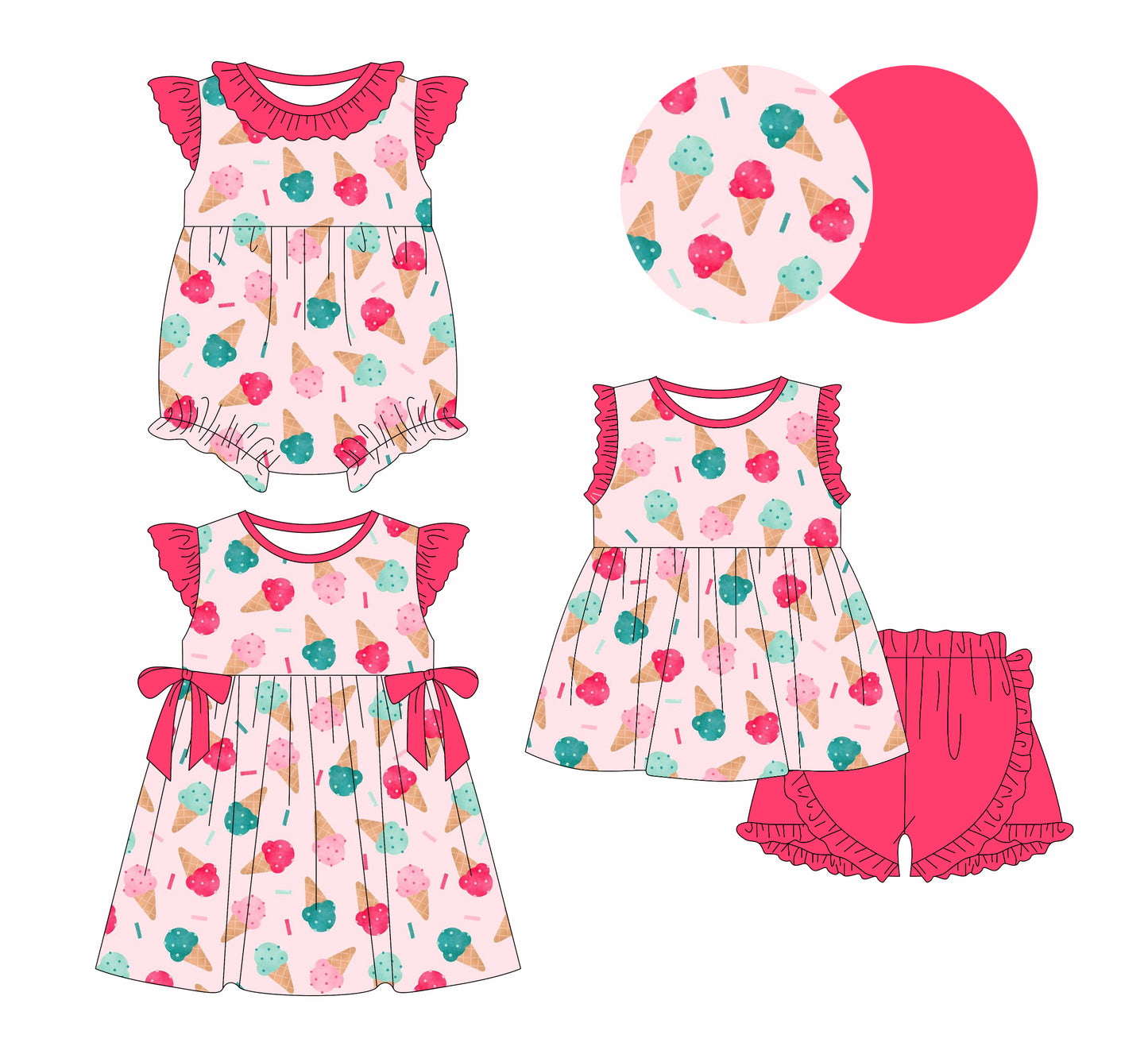 26.1.17 custom each style moq 5 eta 6-8week Sibling Sister ice cream baby short sleeve shorts sets and romper and dress match design