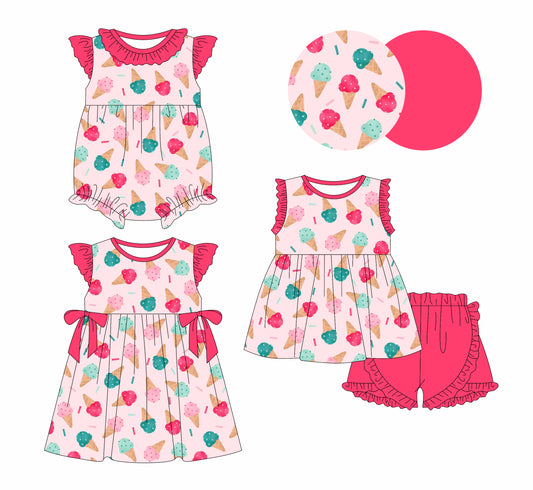 26.1.17 custom each style moq 5 eta 6-8week Sibling Sister ice cream baby short sleeve shorts sets and romper and dress match design