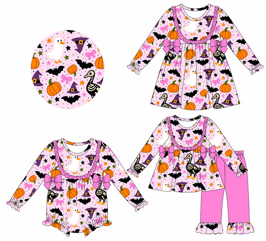 25.7.14 custom each style moq 5eta 4-6week Sibling Sisters pumpkin bow baby girl long sleeve pants sets and dress and rompers match family design