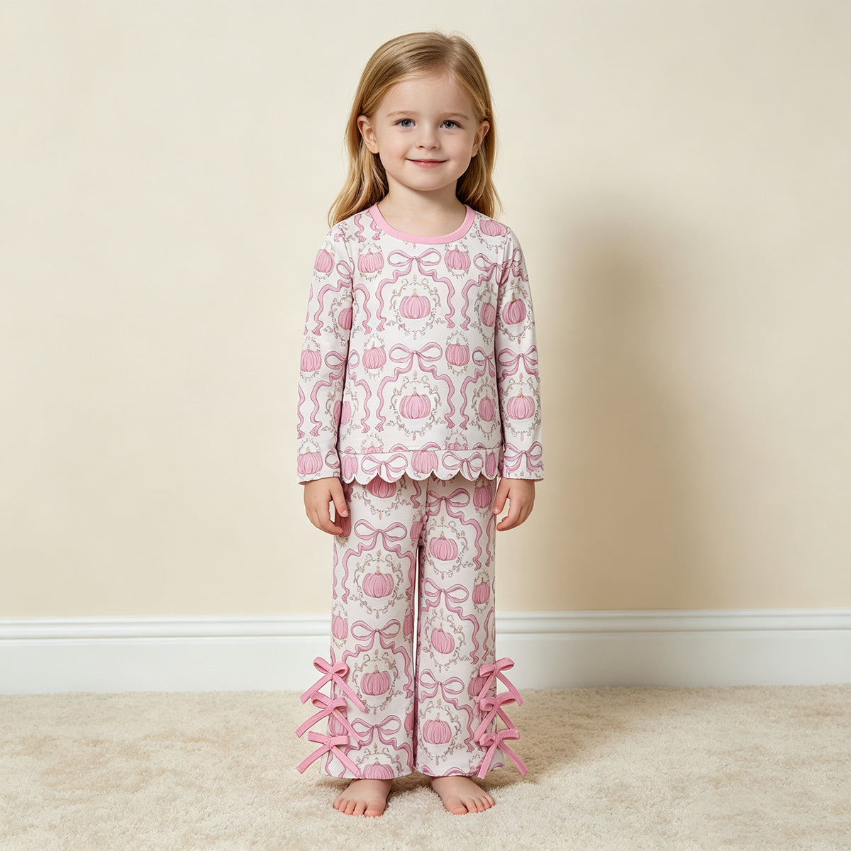 NEW RTS NO MOQ milk silk GLP3437 Baby Girls Bows Pumpkins Checked Scallop Top Bows Pants Set